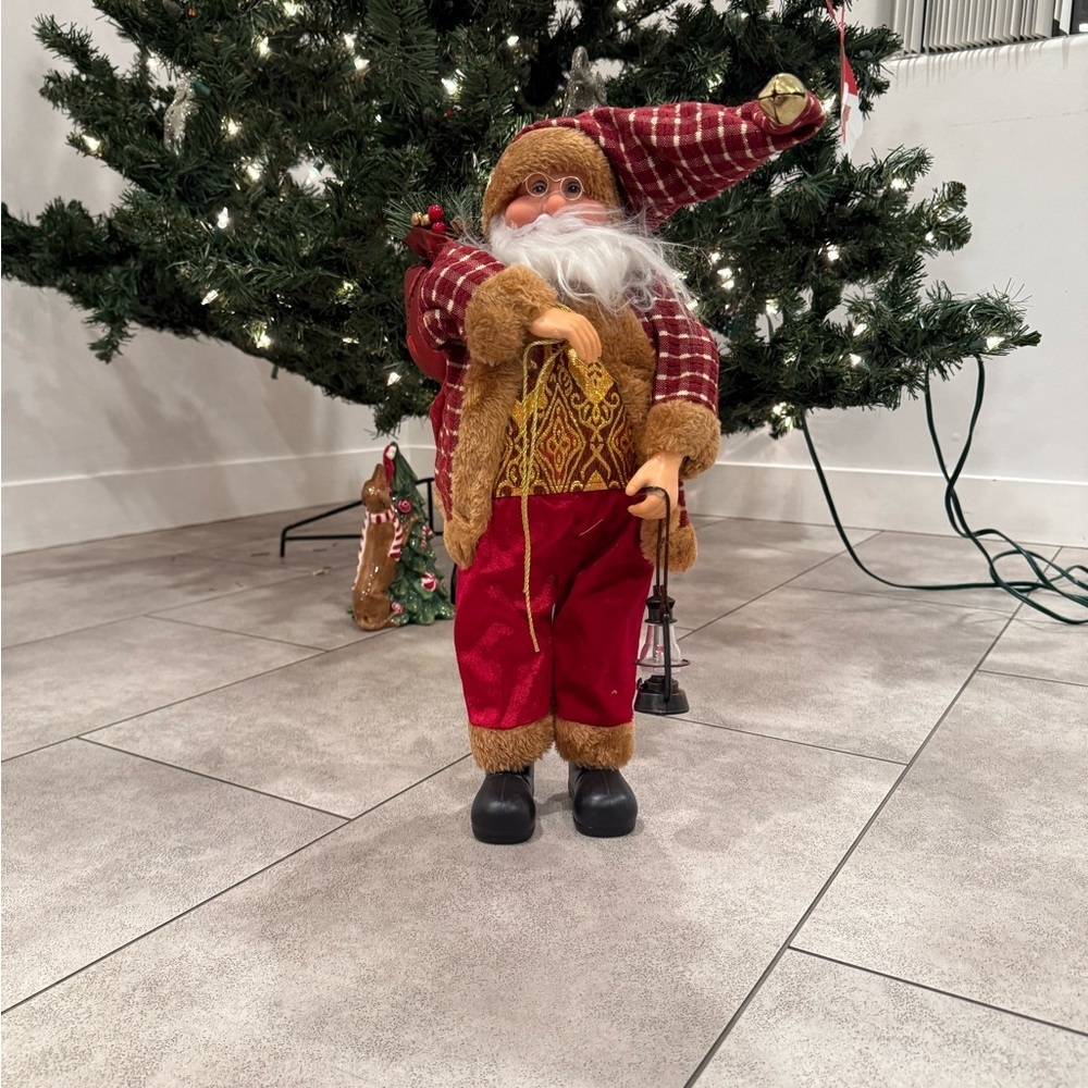 Red Plaid Santa Claus 16 Inch With Lantern Christmas Decor Figurine